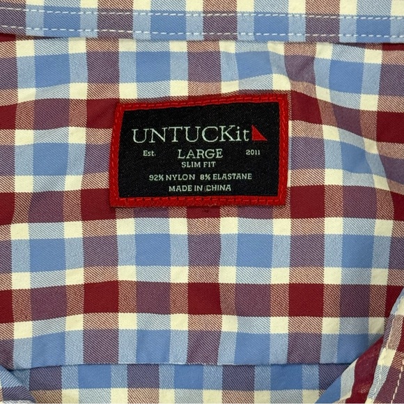 Untuckit Men’s Blue Maroon Plaid Short Sleeve Hopler Slim Fit Shirt Large - Picture 4 of 7